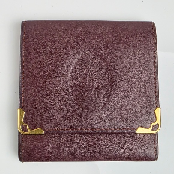 Cartier Burgundy Leather‎ Mini Compact Wallet Pouch Must Line Square Coin Purse - Picture 1 of 9